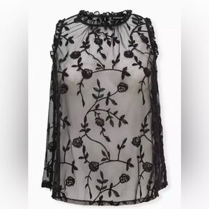 Sheer Mesh Embroidered Ruffle Sleeveless Blouse